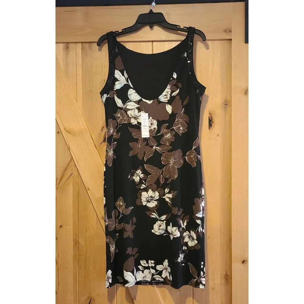 White House Black Market Sz L Dress Black Floral Sheath Embellished Romantic - Picture 1 of 16